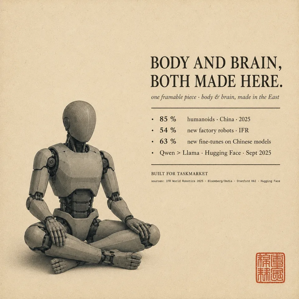 Editorial infographic showing a robot body and an AI brain under the headline Body and brain, both made here.