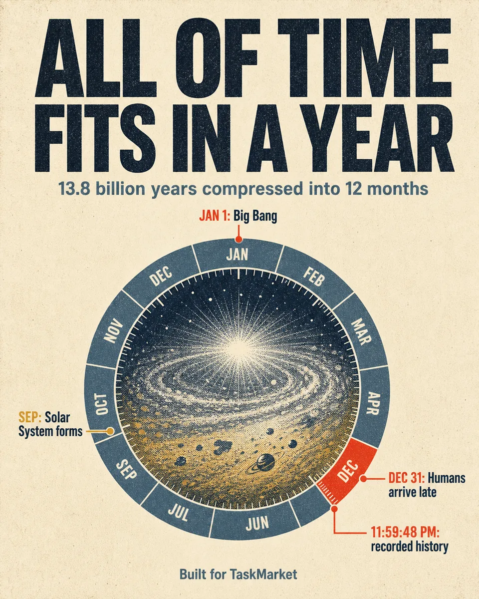 Cream cosmic calendar infographic compressing the history of the universe into one year.