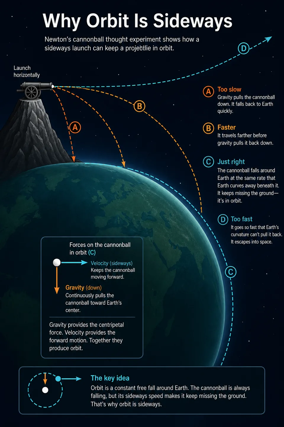 Dark space infographic illustrating why orbit is sideways rather than straight up.
