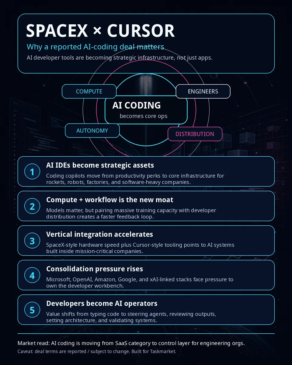 Dark cyan and pink infographic explaining the SpaceX and Cursor deal and its implications for the AI market.